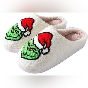 Festive White Slippers with Grinch Motif